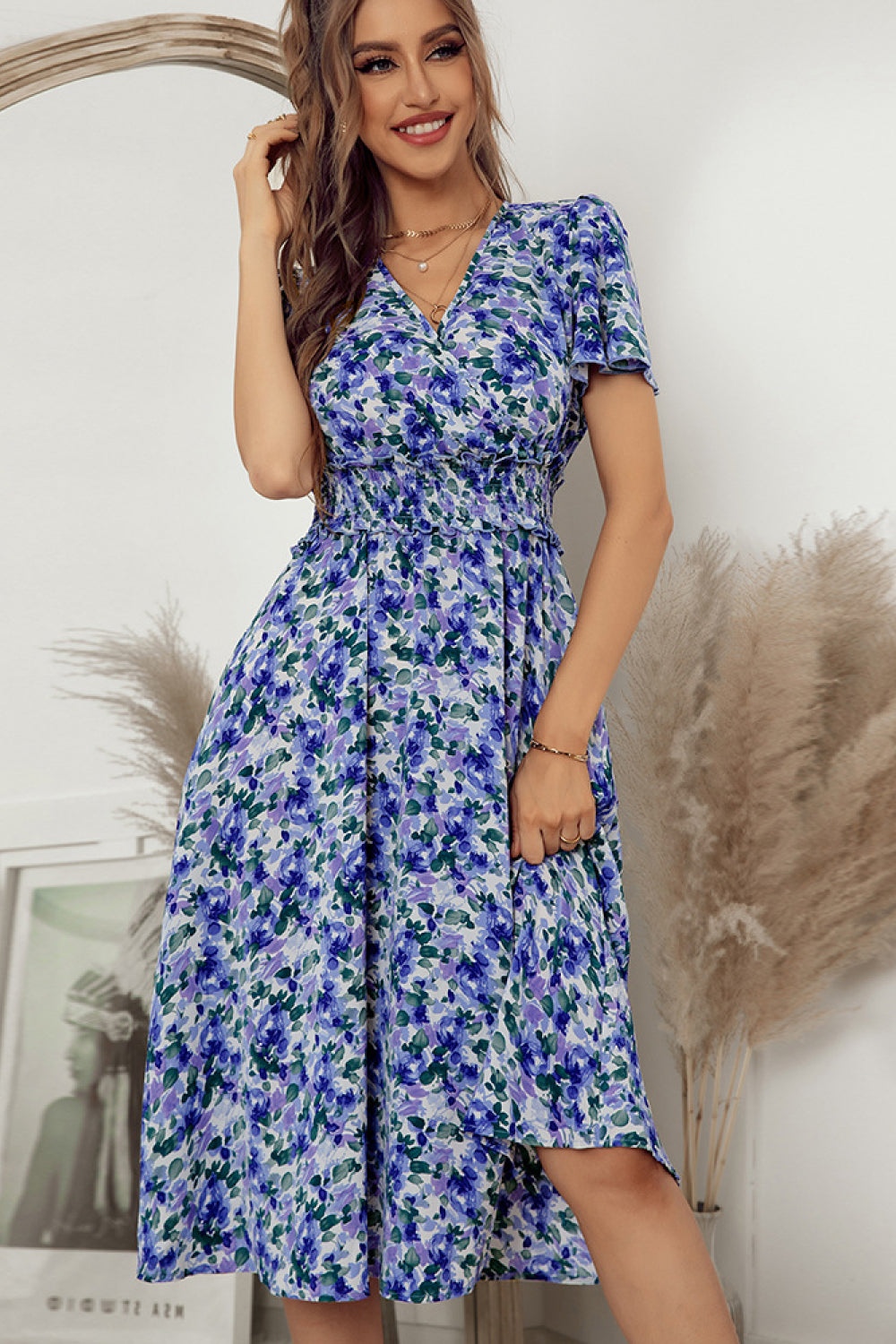 Floral Smocked Waist Surplice Midi Dress