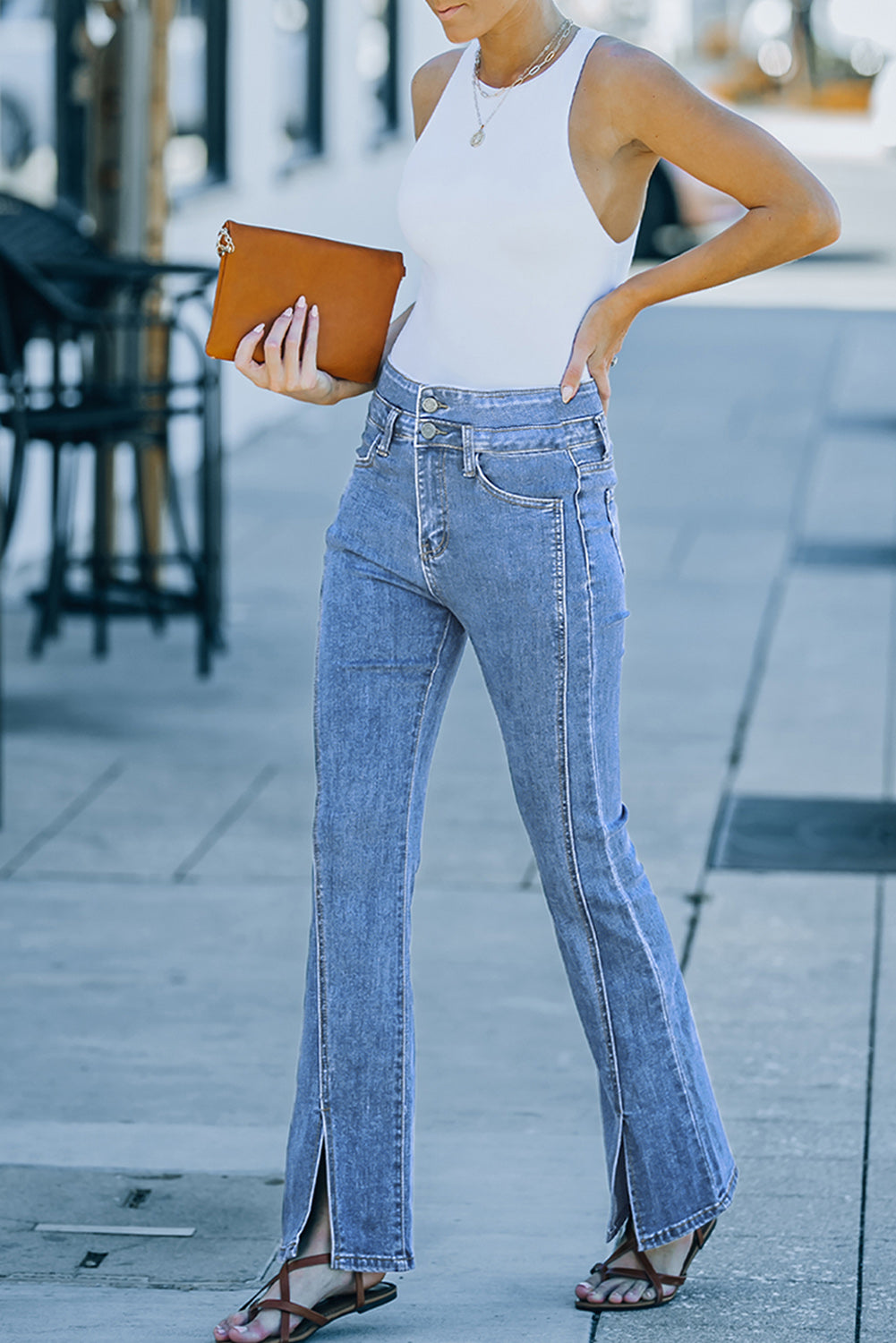 High Waist Seam Detail Slit Flare Jeans