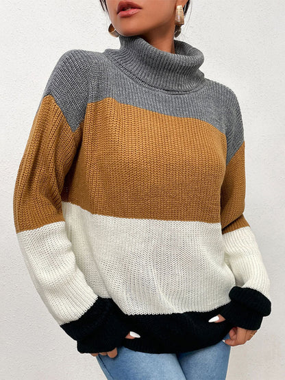 Color Block Turtleneck Knit Sweater