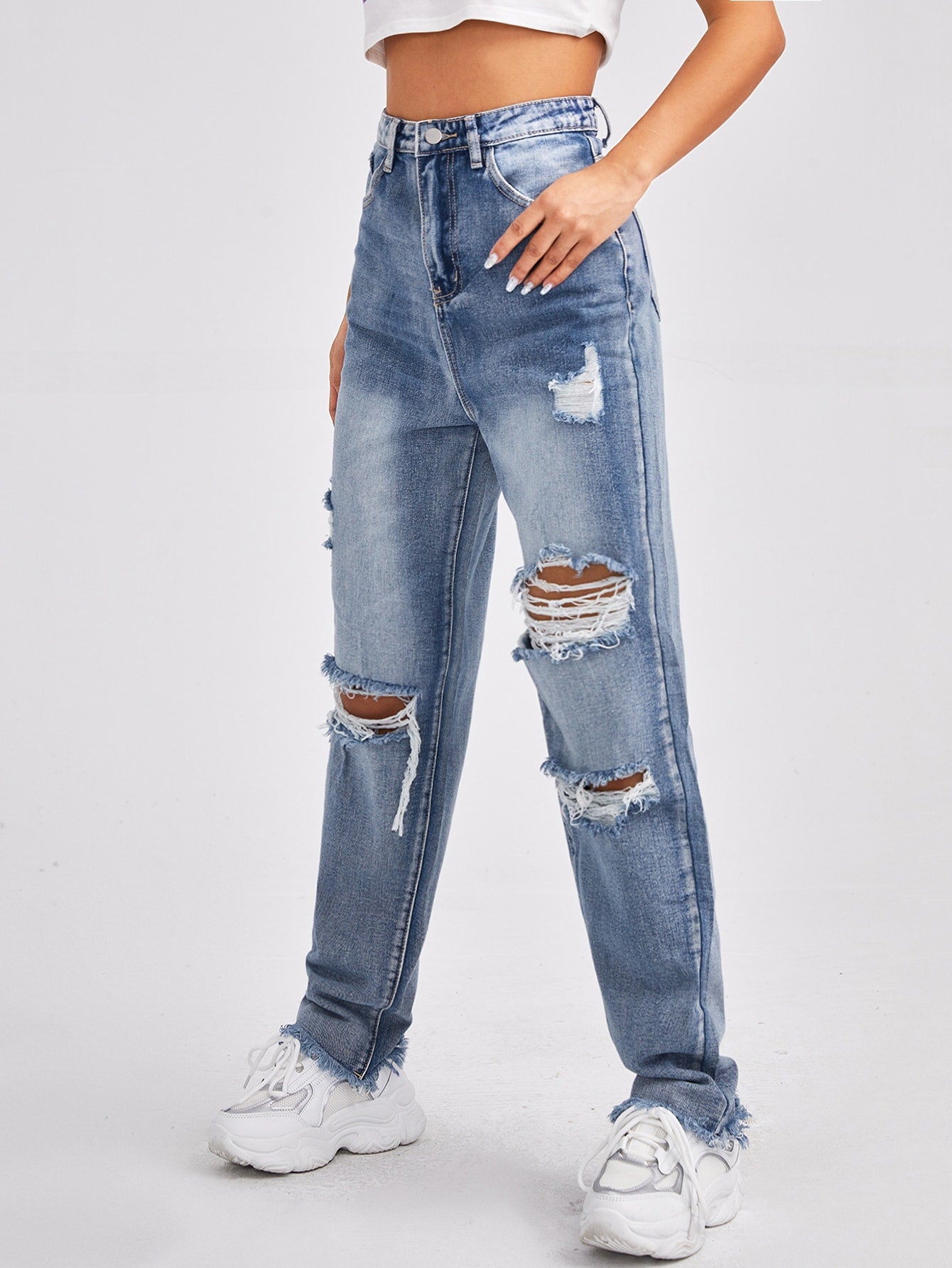 Distressed Raw Hem High-Rise Boyfriend Jeans