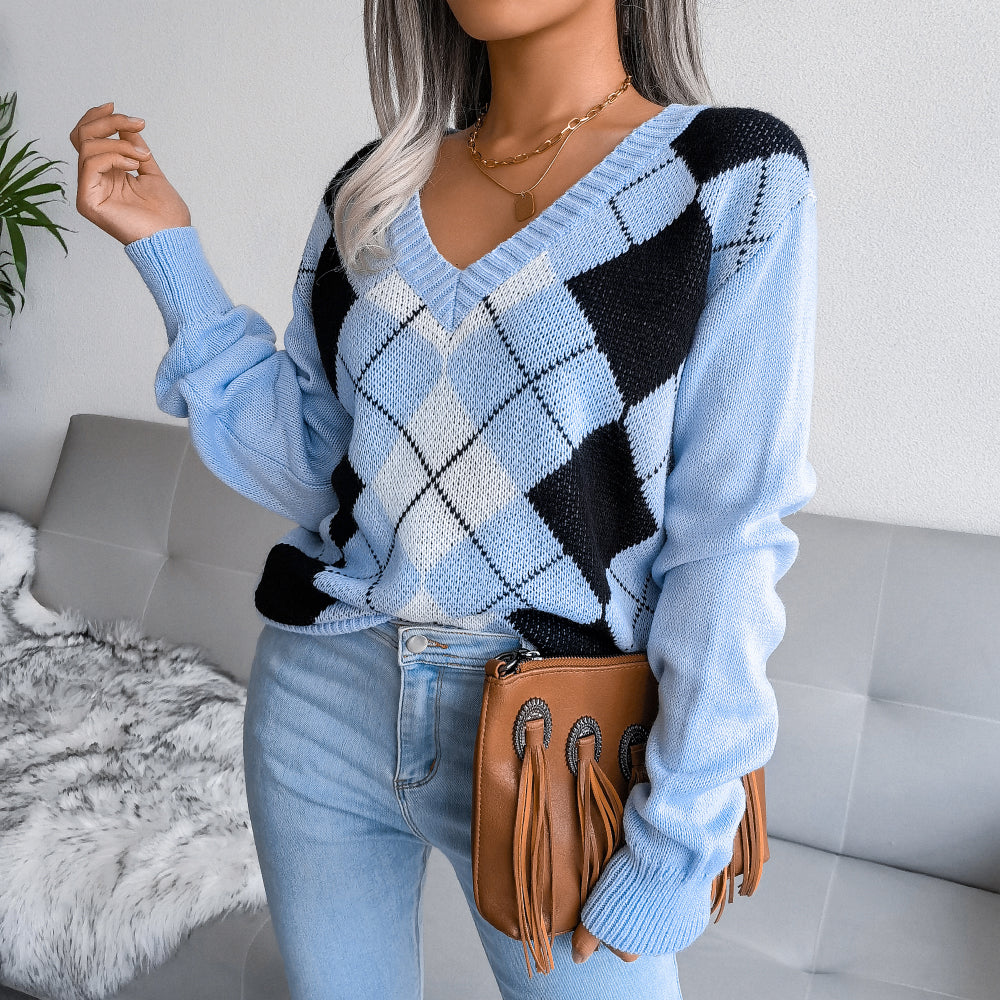 Argyle V-Neck Long Sleeve Sweater