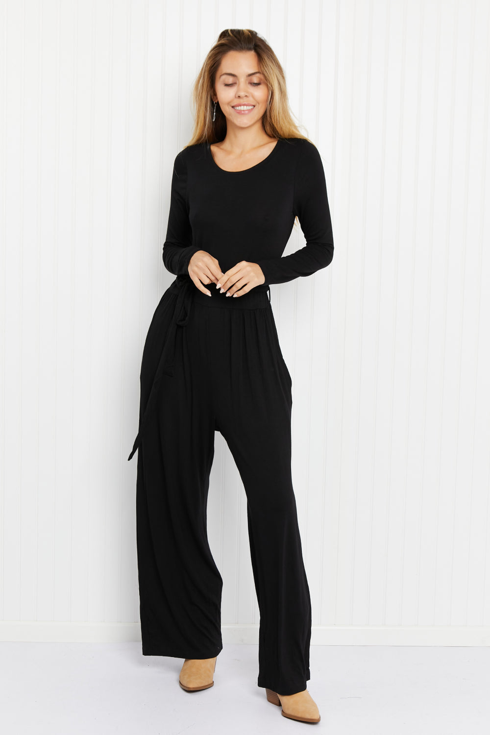 White Birch Lost in Your Eyes Full Size Wide-Leg Jumpsuit in Black