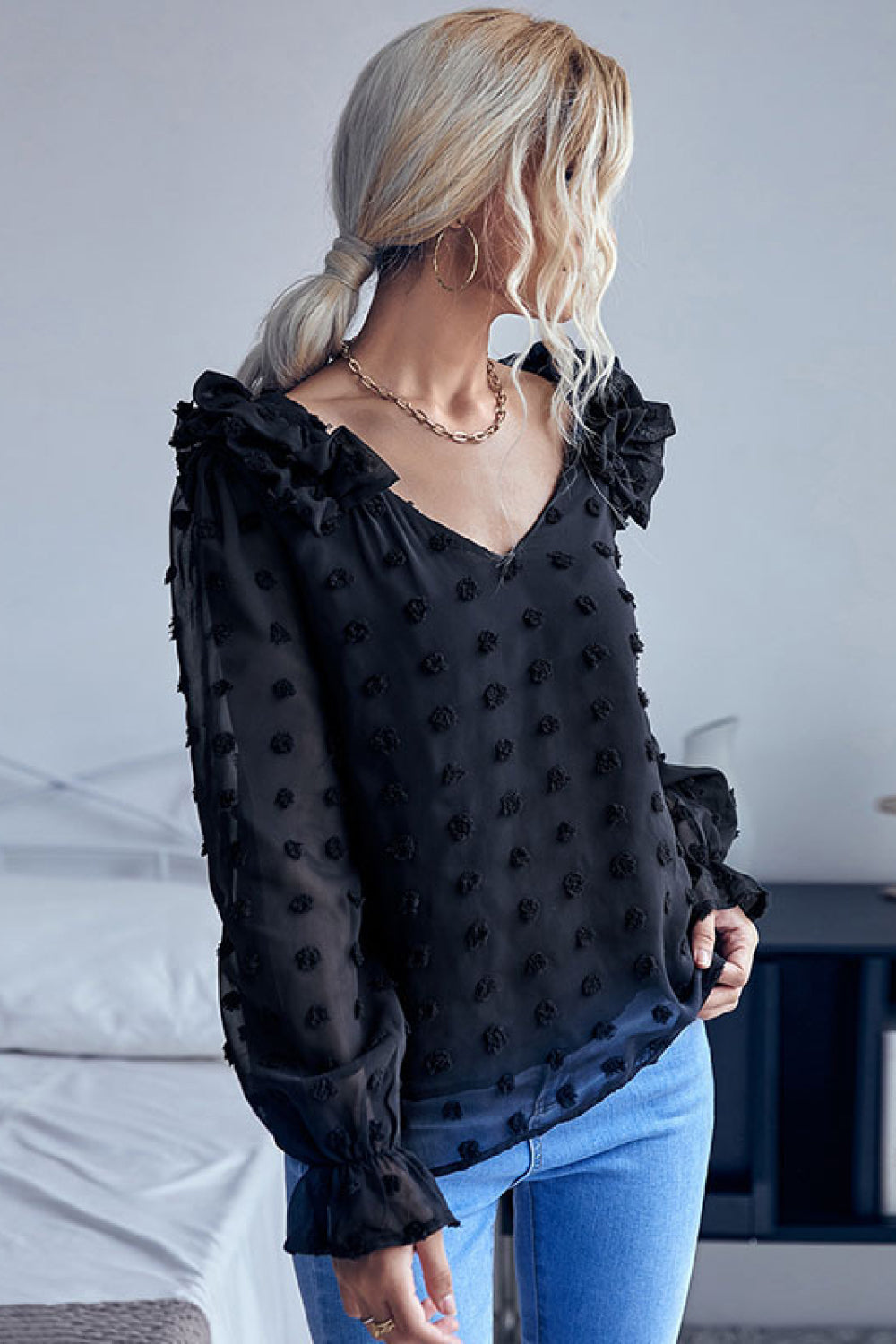 Swiss Dot Ruffled Shoulder Blouse