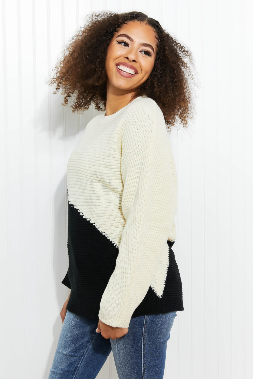 CY Fashion Half-and-Half Full Size Color Block Sweater