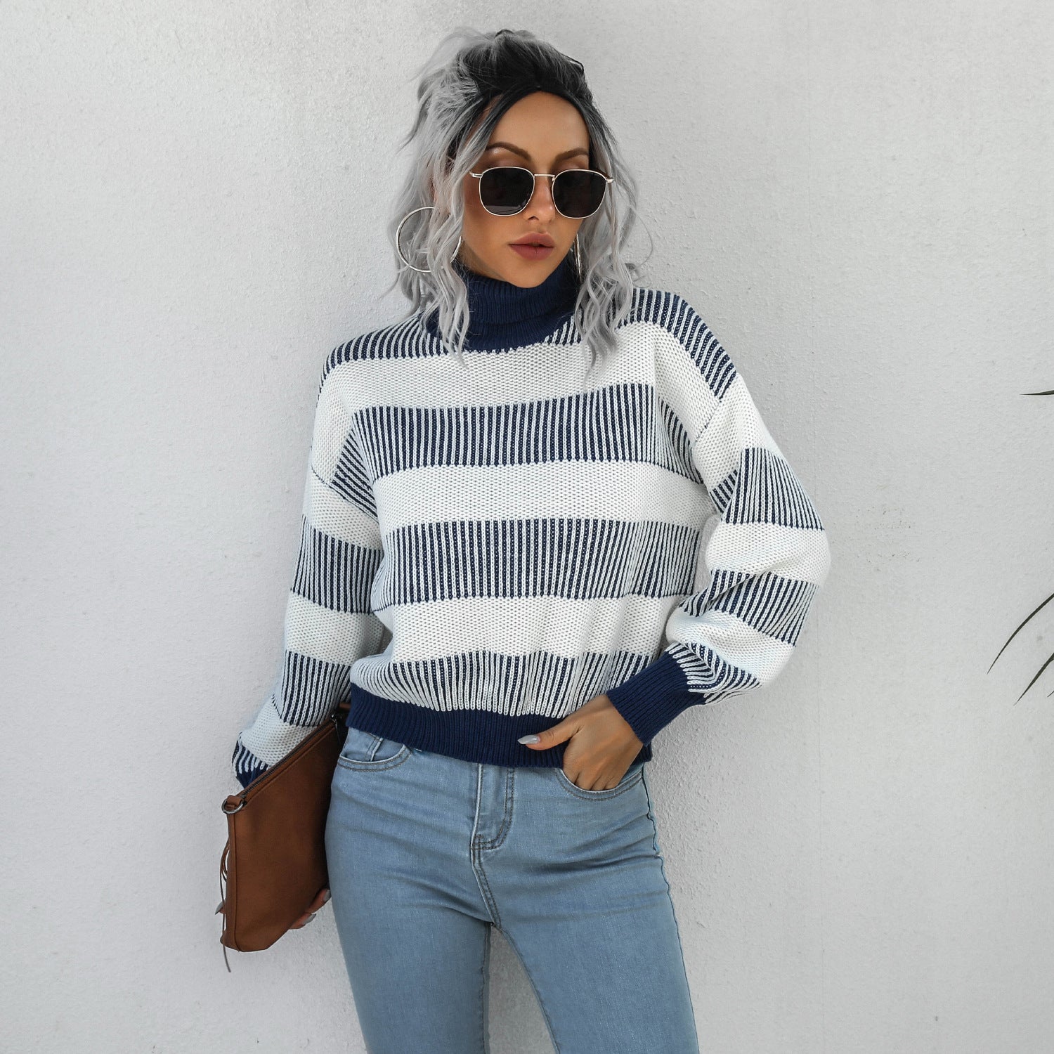 Striped Ribbed Trim Lantern Sleeve Turtleneck Sweater