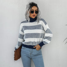 Load image into Gallery viewer, Striped Ribbed Trim Lantern Sleeve Turtleneck Sweater
