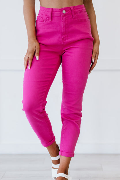 Judy Blue Gabriella Cuffed Slim Fit Jeans in Neon Pink