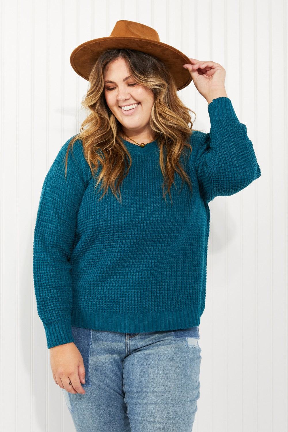 Zenana Autumn is Calling Full Size Waffle Knit Sweater in Teal