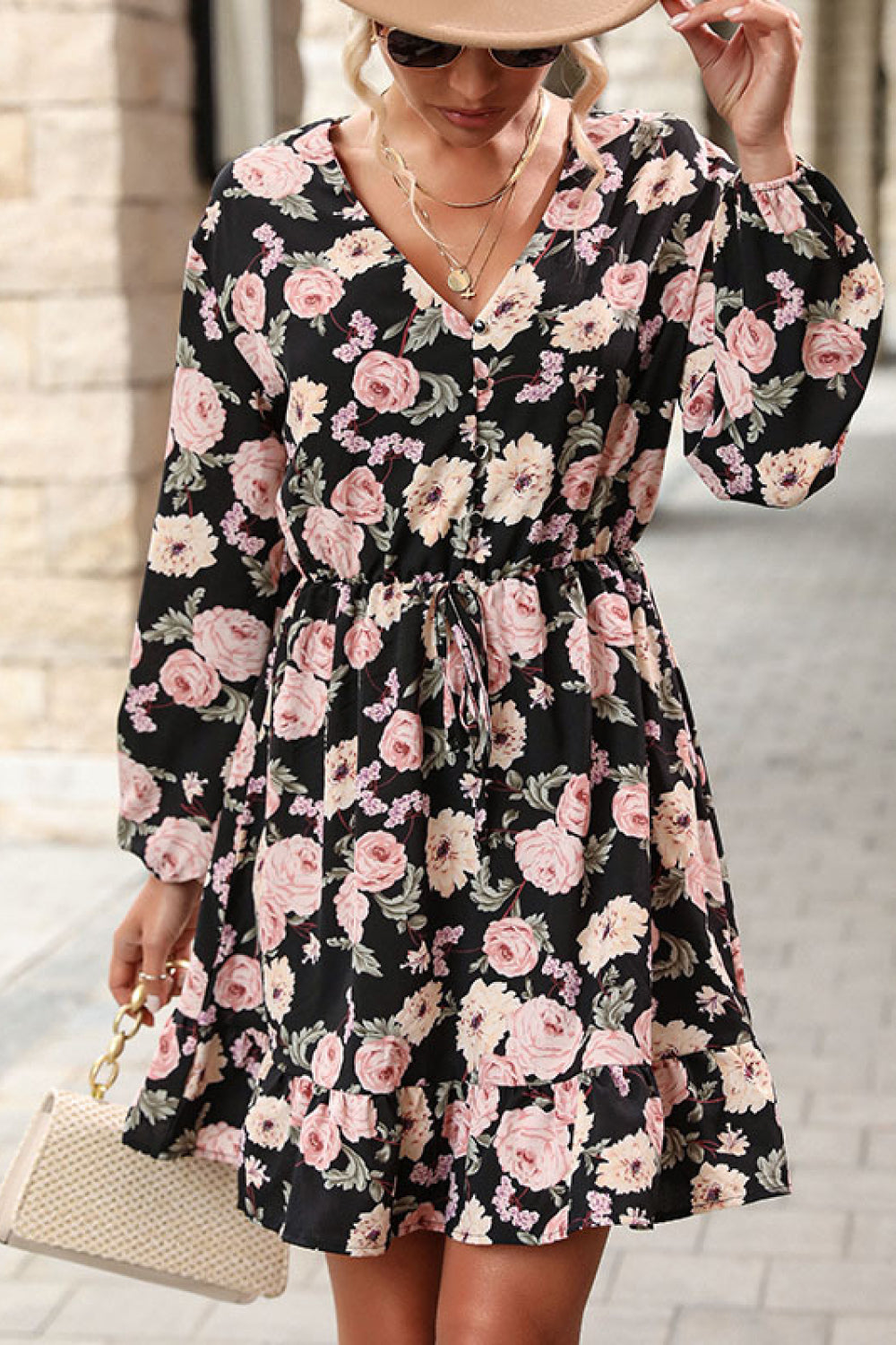 Floral Drawstring Ruffle Hem Mini Dress