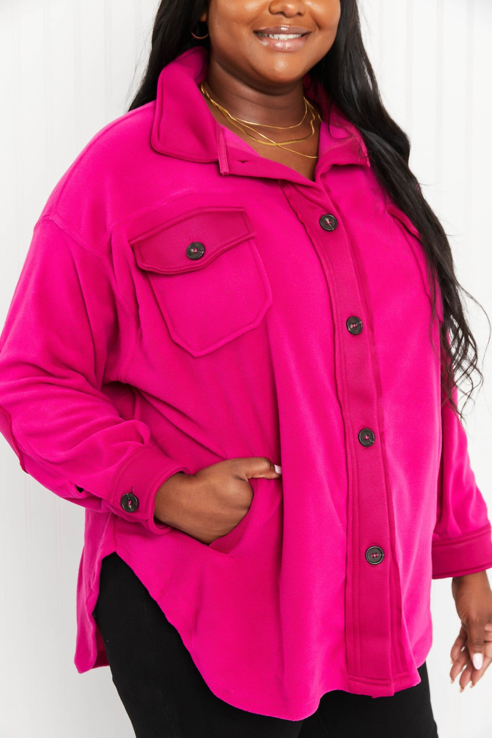 Zenana Cozy in the Cabin Full Size Fleece Elbow Patch Shacket in Magenta