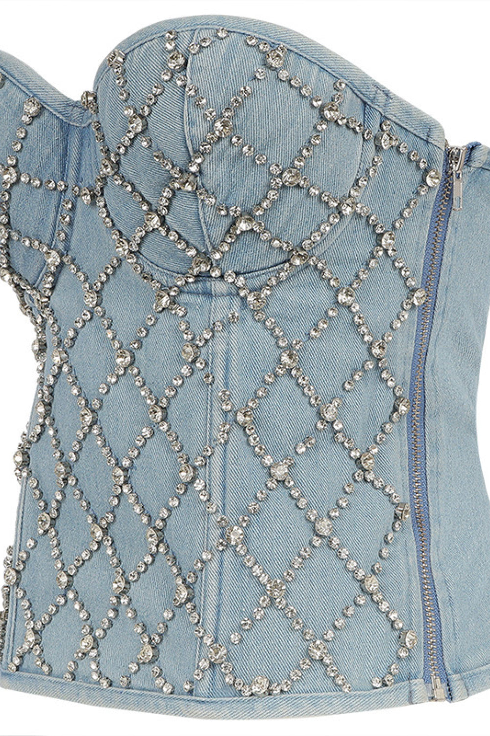 Strapless Lace Up Denim Rhinestone Fishnet Bustier