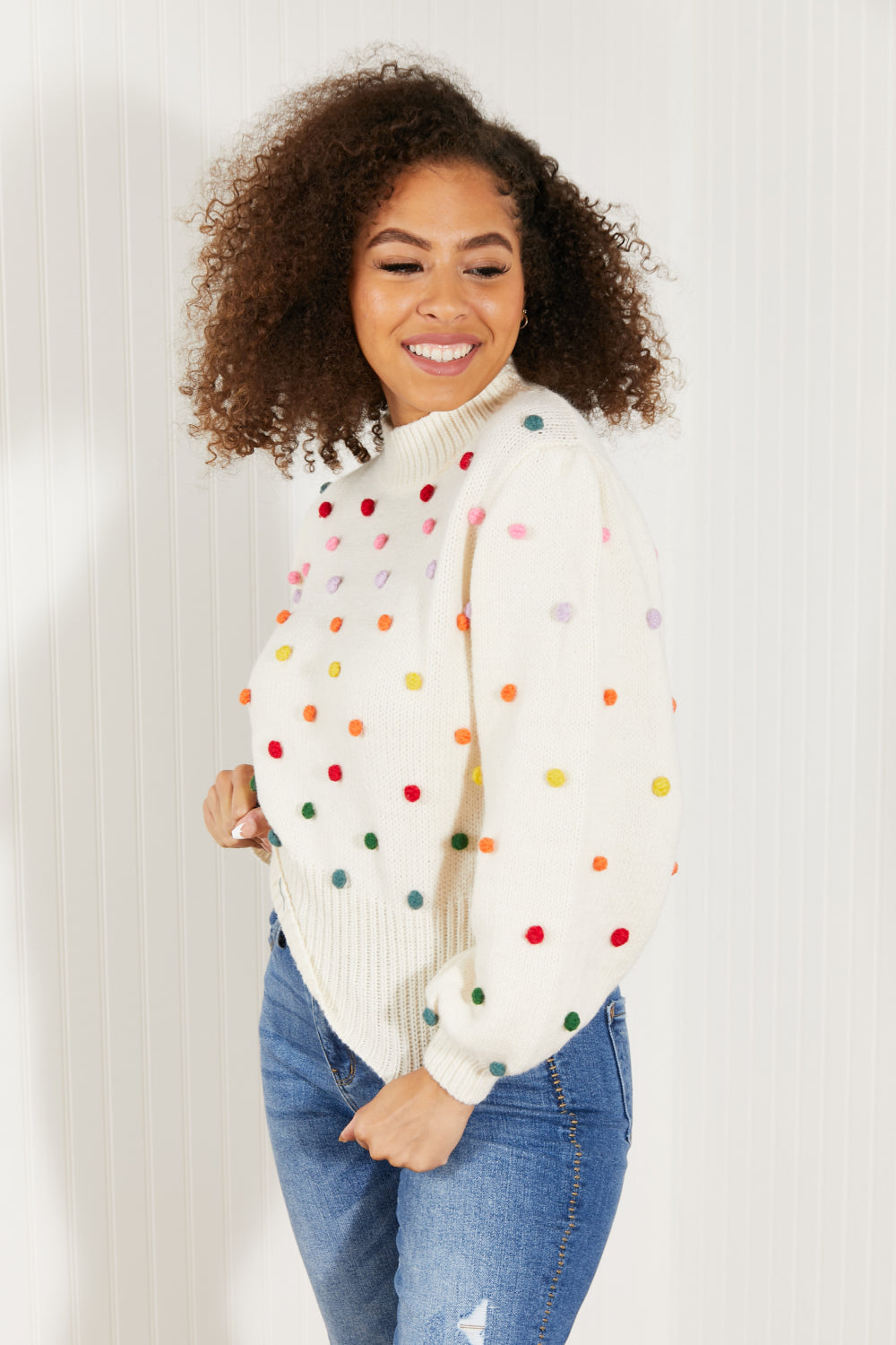 Davi & Dani Pop of Color Full Size Rainbow Pom Pom Sweater