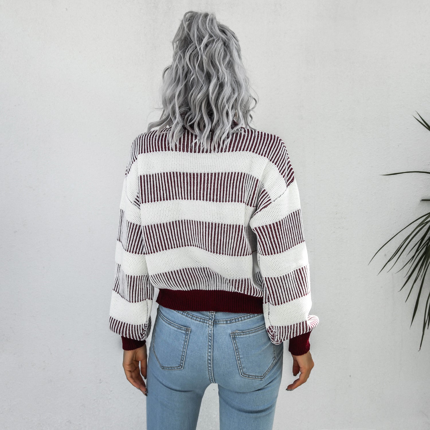 Striped Ribbed Trim Lantern Sleeve Turtleneck Sweater