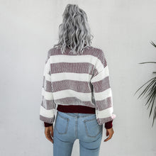 Load image into Gallery viewer, Striped Ribbed Trim Lantern Sleeve Turtleneck Sweater
