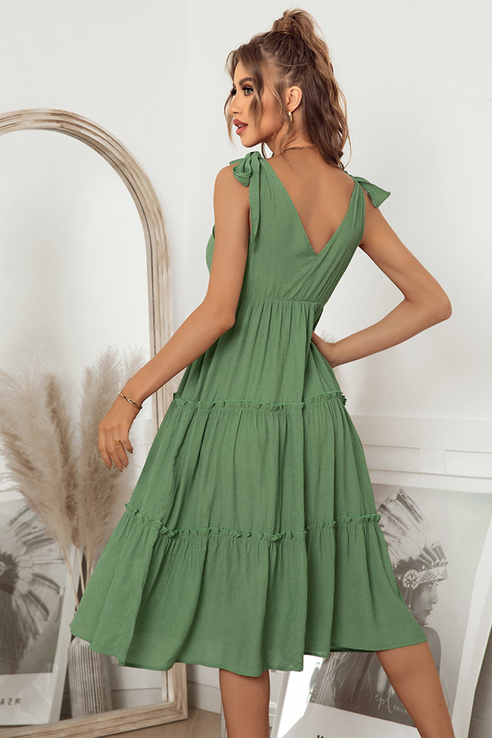 Tie Shoulder Frill Trim V-Neck Dress