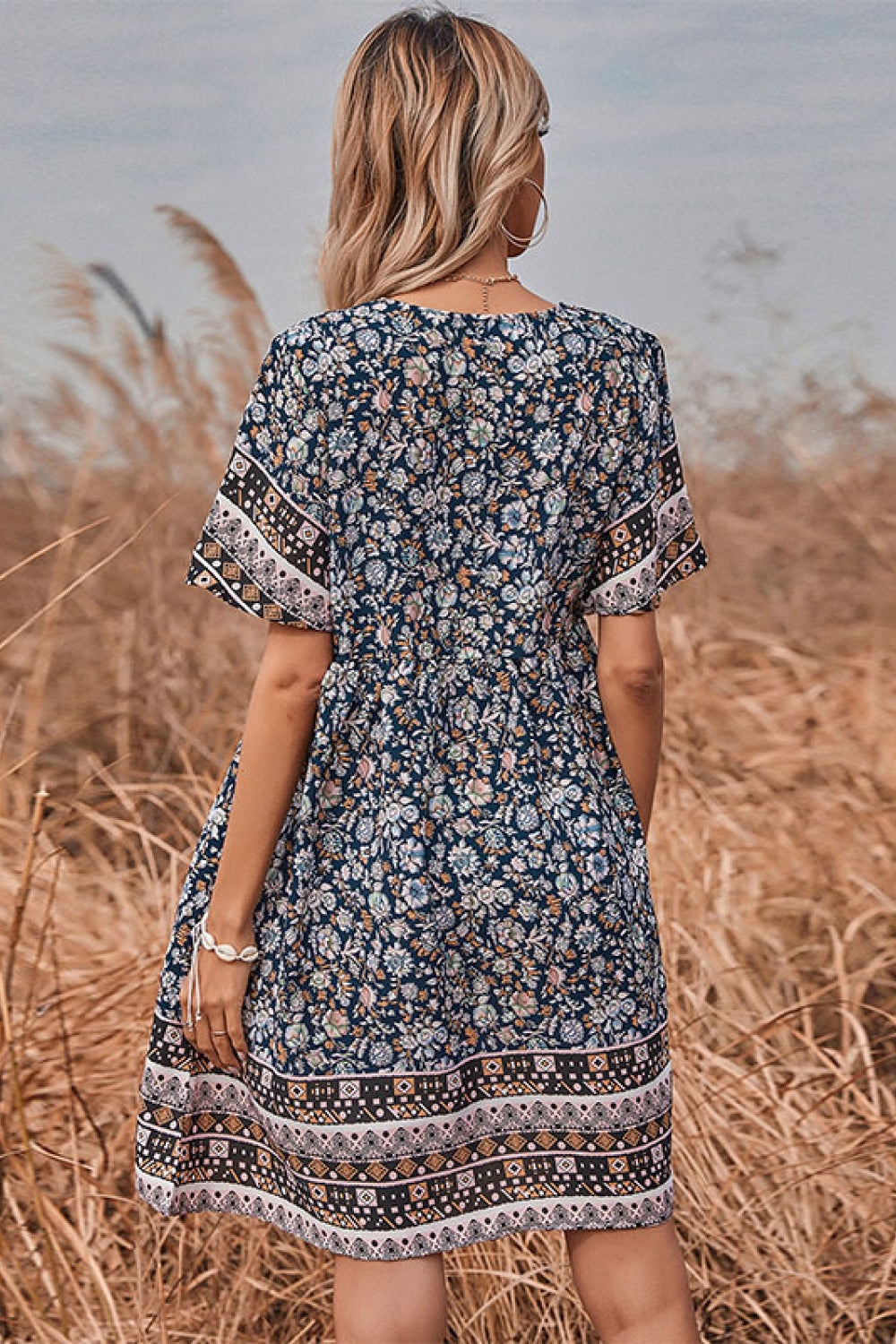 Floral Round Neck Flutter Sleeve Mini Dress