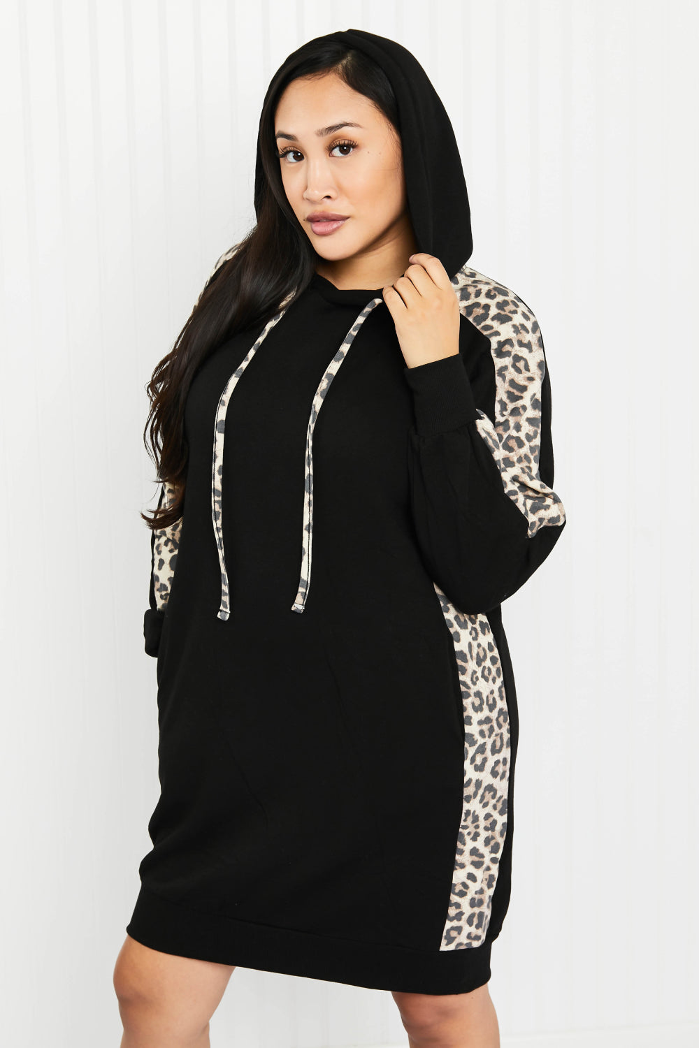 Zenana Cocoa For Two Full Size Leopard Panel Hoodie Dress