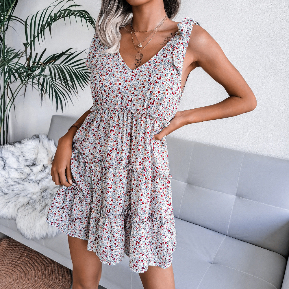 Floral Tie Shoulder Tiered Mini Dress