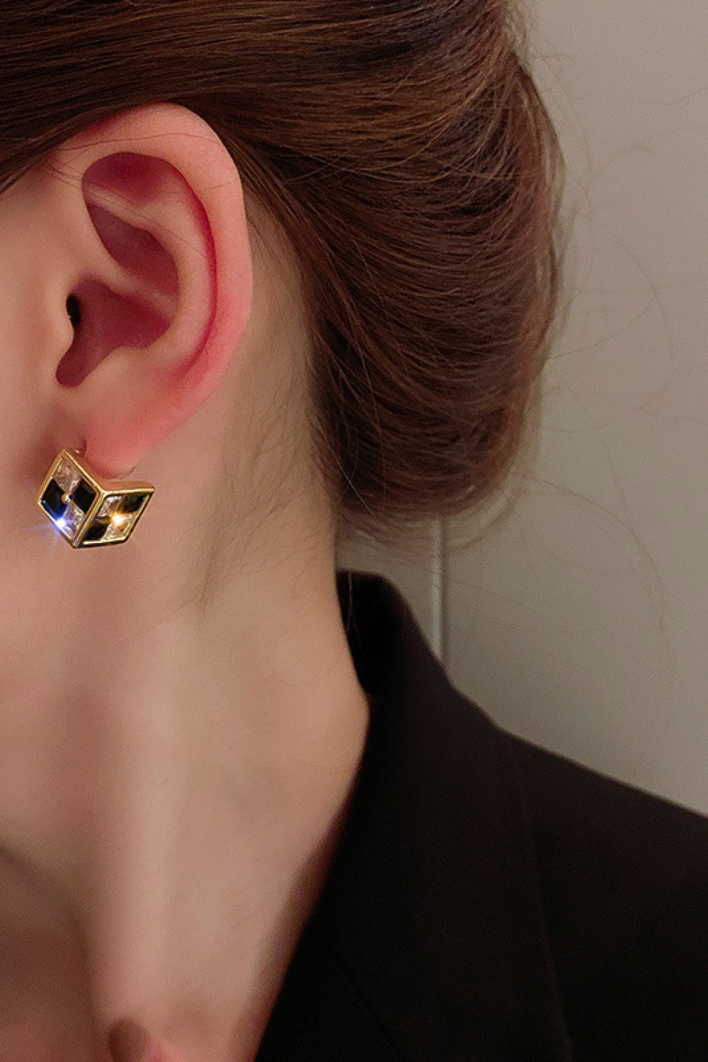 Checkered Rhinestone Cube Stud Earrings