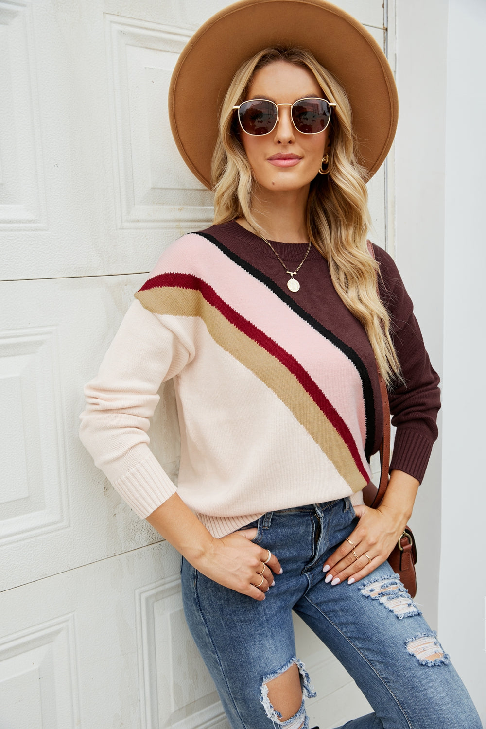 Color Block Ribbed Trim Dropped Shoulder Sweater