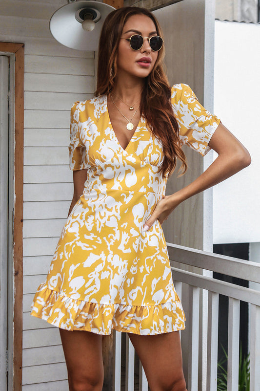 Printed Deep V Gathered Short Sleeve Mini Dress