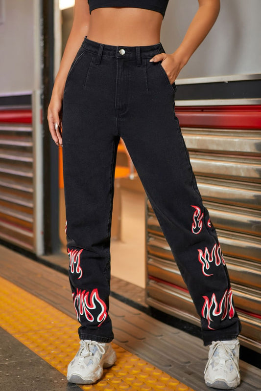 Flame Graphic Straight Leg Jeans with Pockets