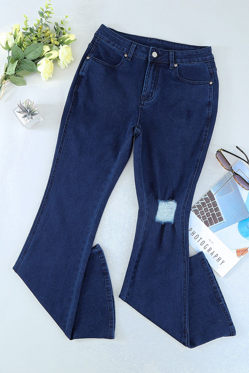 Side Slit Distressed Flare Jeans