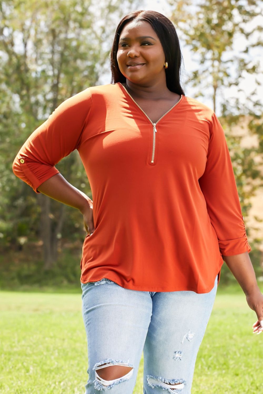 Zenana Spiced Cider Full Size ITY Knit Quarter-Zip Three-Quarter Sleeve Top