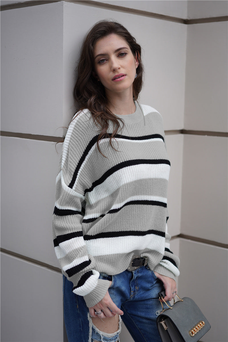 Striped Rib-Knit Round Neck Long Sleeve Sweater