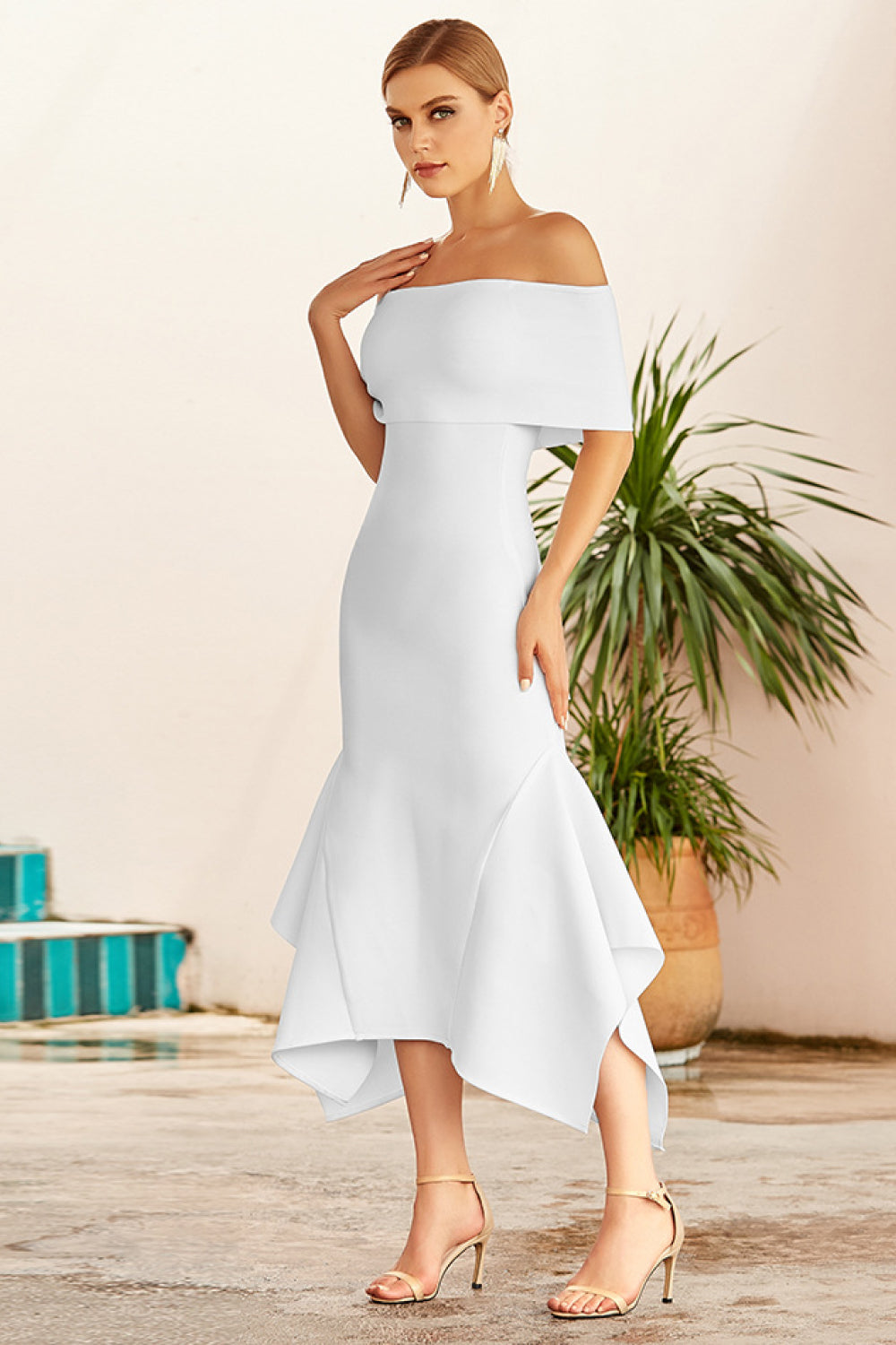 Off-Shoulder Ruffle Hem Midi Dress