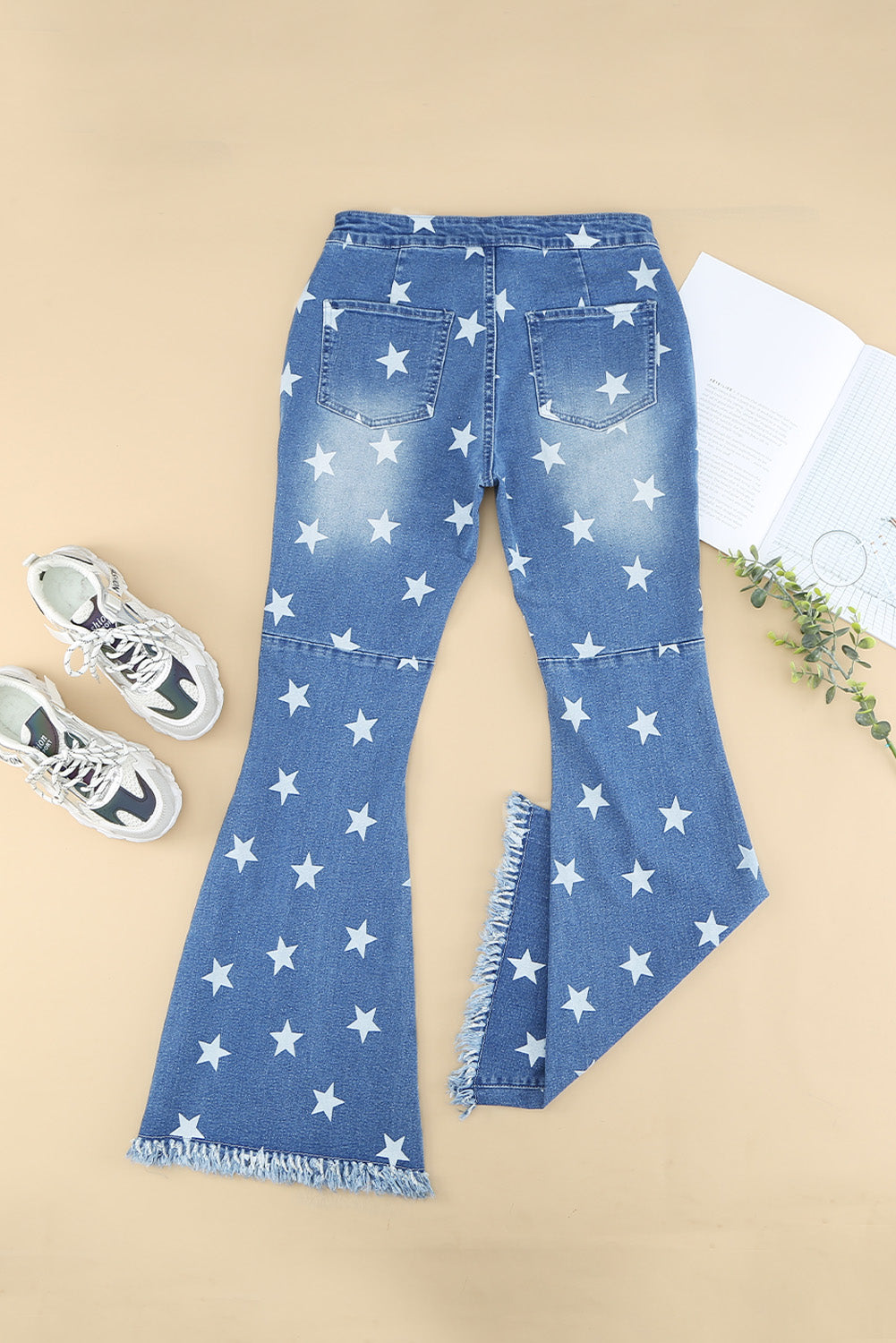 Star Print Distressed Raw Hem Flare Jeans