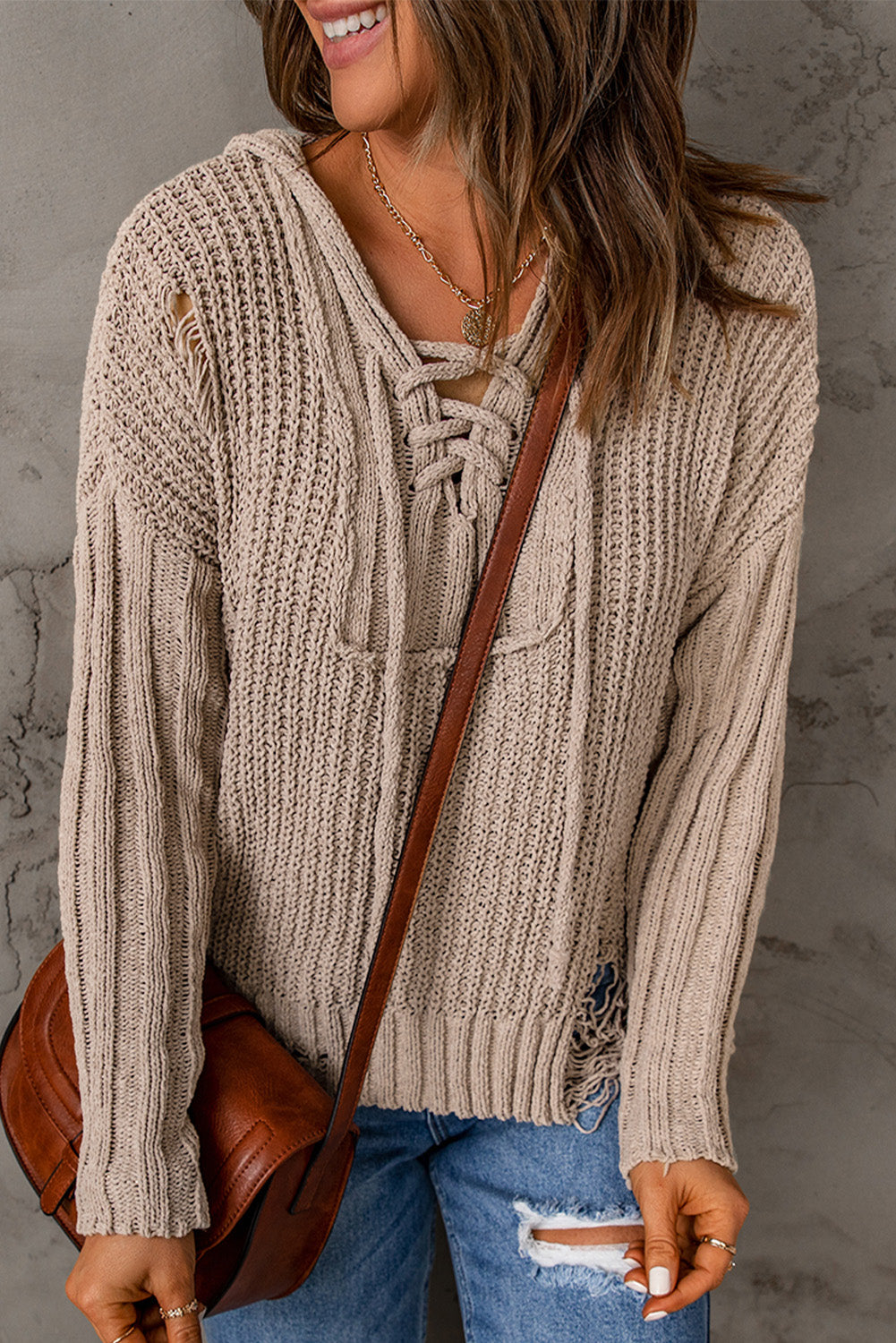 Rib-Knit Distressed Hooded Sweater