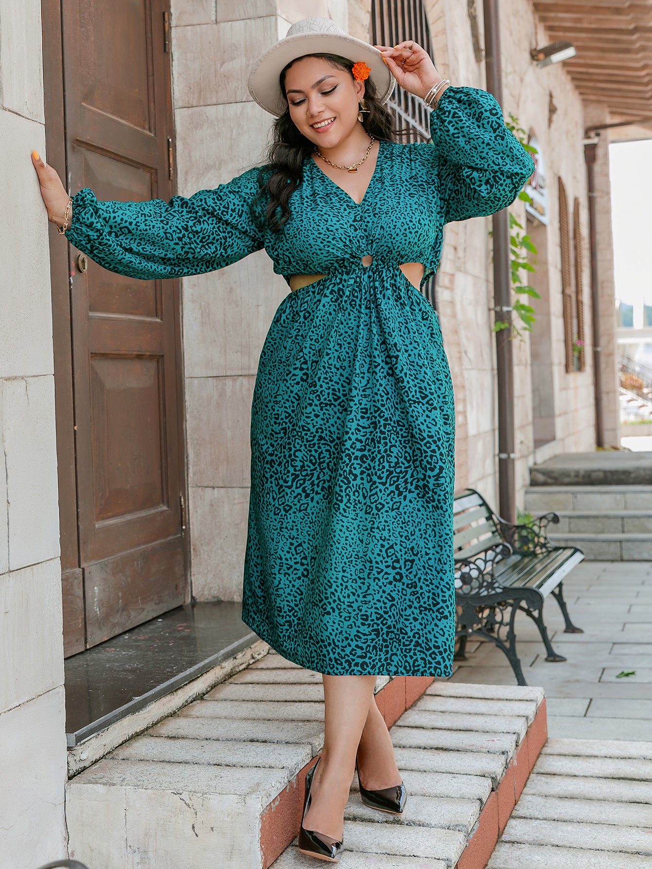 Plus Size Leopard Cutout Midi Dress