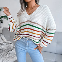 Load image into Gallery viewer, Striped V-Neck Lantern Sleeve Sweater
