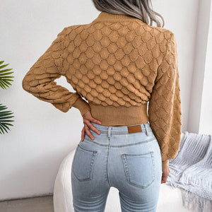 Openwork Ribbed Trim Mock Neck Cropped Sweater