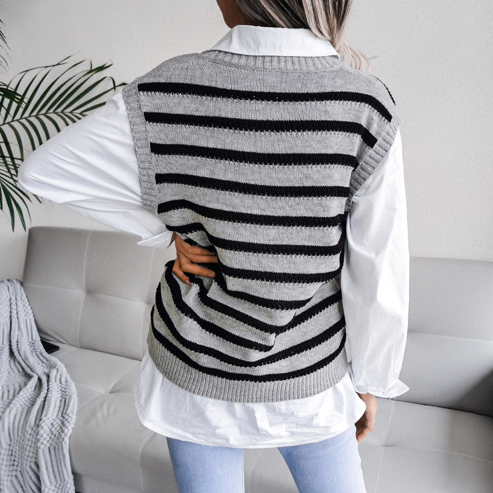 Striped Ribbed Trim Sweater Vest