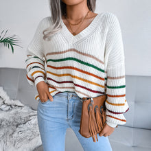 Load image into Gallery viewer, Striped V-Neck Lantern Sleeve Sweater
