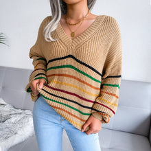 Load image into Gallery viewer, Striped V-Neck Lantern Sleeve Sweater
