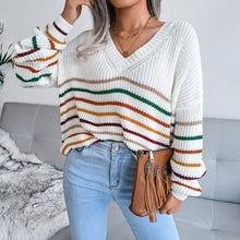 Load image into Gallery viewer, Striped V-Neck Lantern Sleeve Sweater
