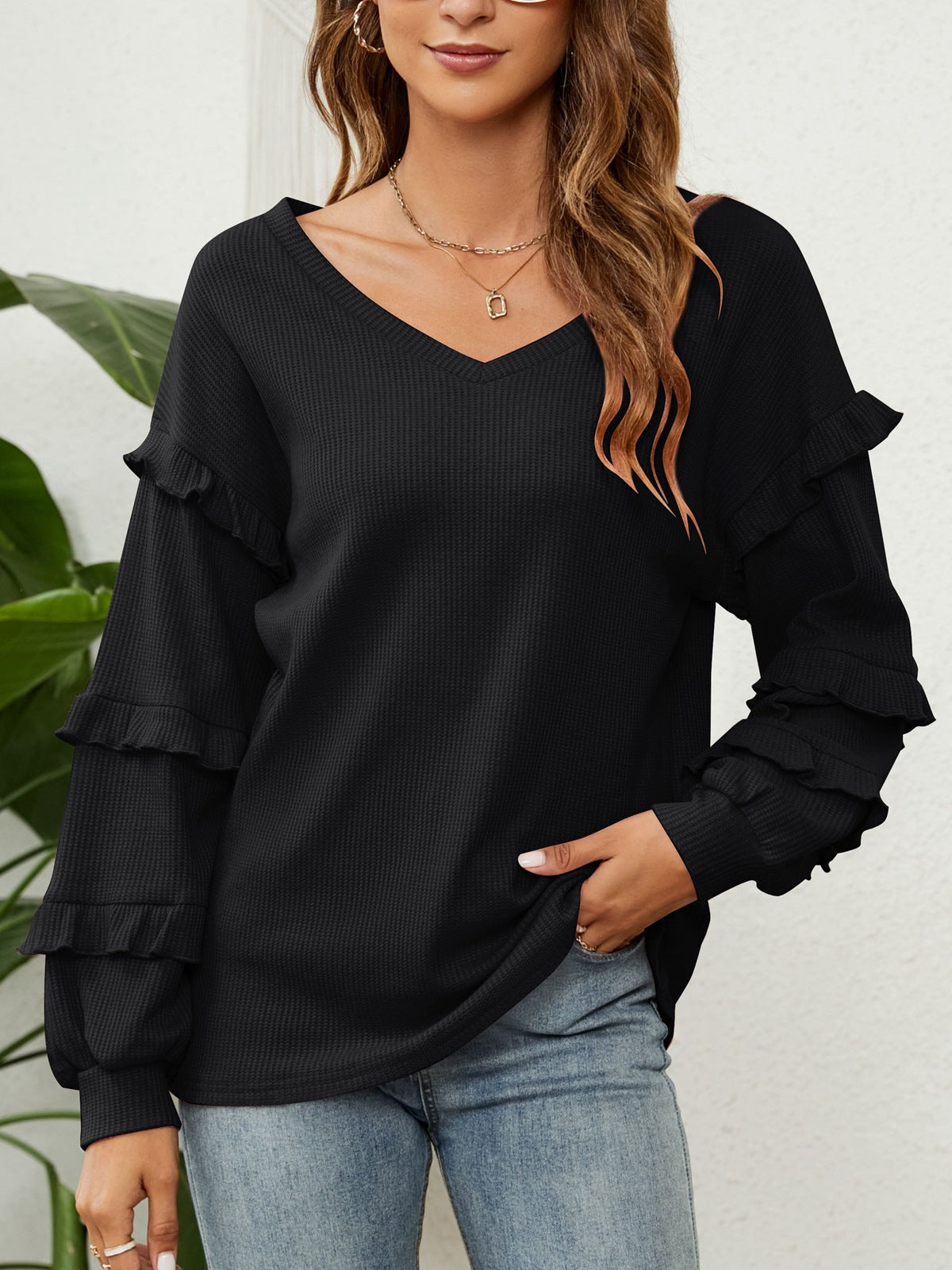 Waffle-Knit Ruffled V-Neck Top