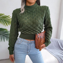 Load image into Gallery viewer, Openwork Ribbed Trim Mock Neck Cropped Sweater
