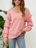 Waffle-Knit Ruffled V-Neck Top