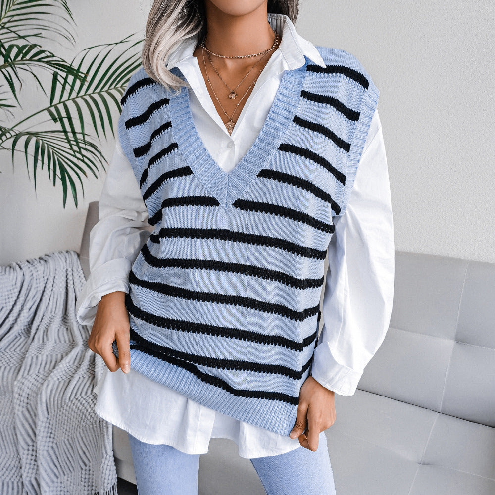 Striped Ribbed Trim Sweater Vest