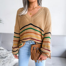 Load image into Gallery viewer, Striped V-Neck Lantern Sleeve Sweater
