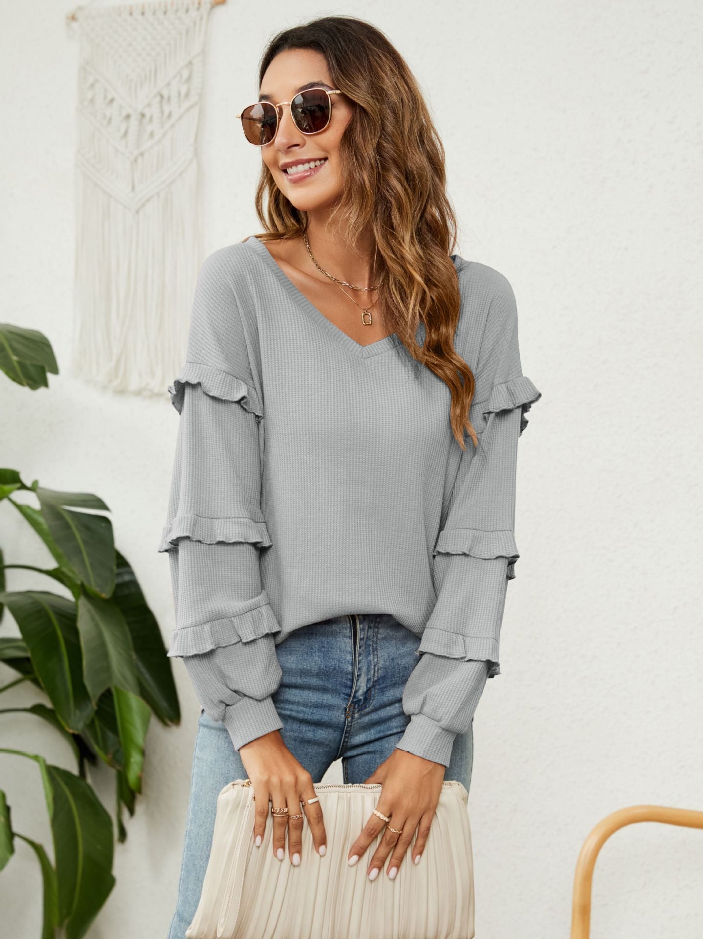 Waffle-Knit Ruffled V-Neck Top