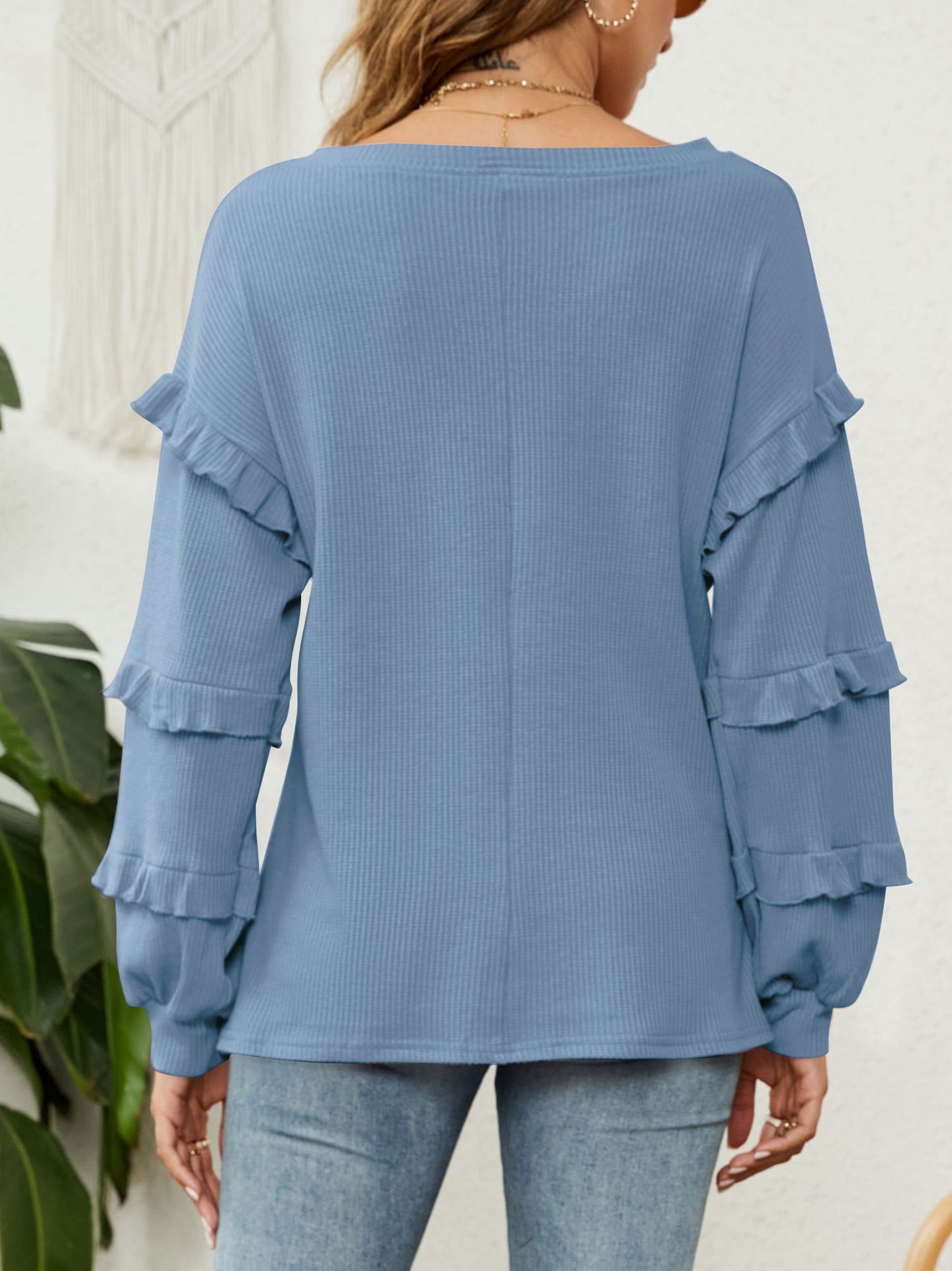 Waffle-Knit Ruffled V-Neck Top