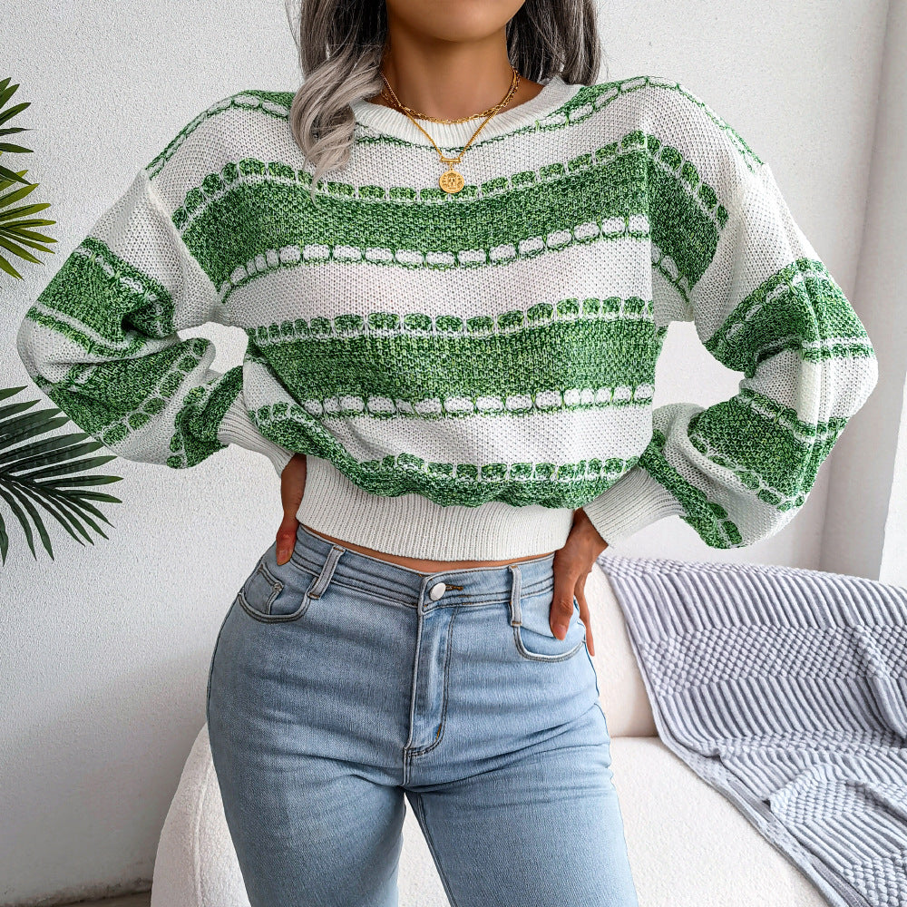 Two-Tone Round Neck Ribbed Trim Cropped Sweater