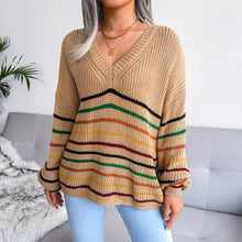 Load image into Gallery viewer, Striped V-Neck Lantern Sleeve Sweater
