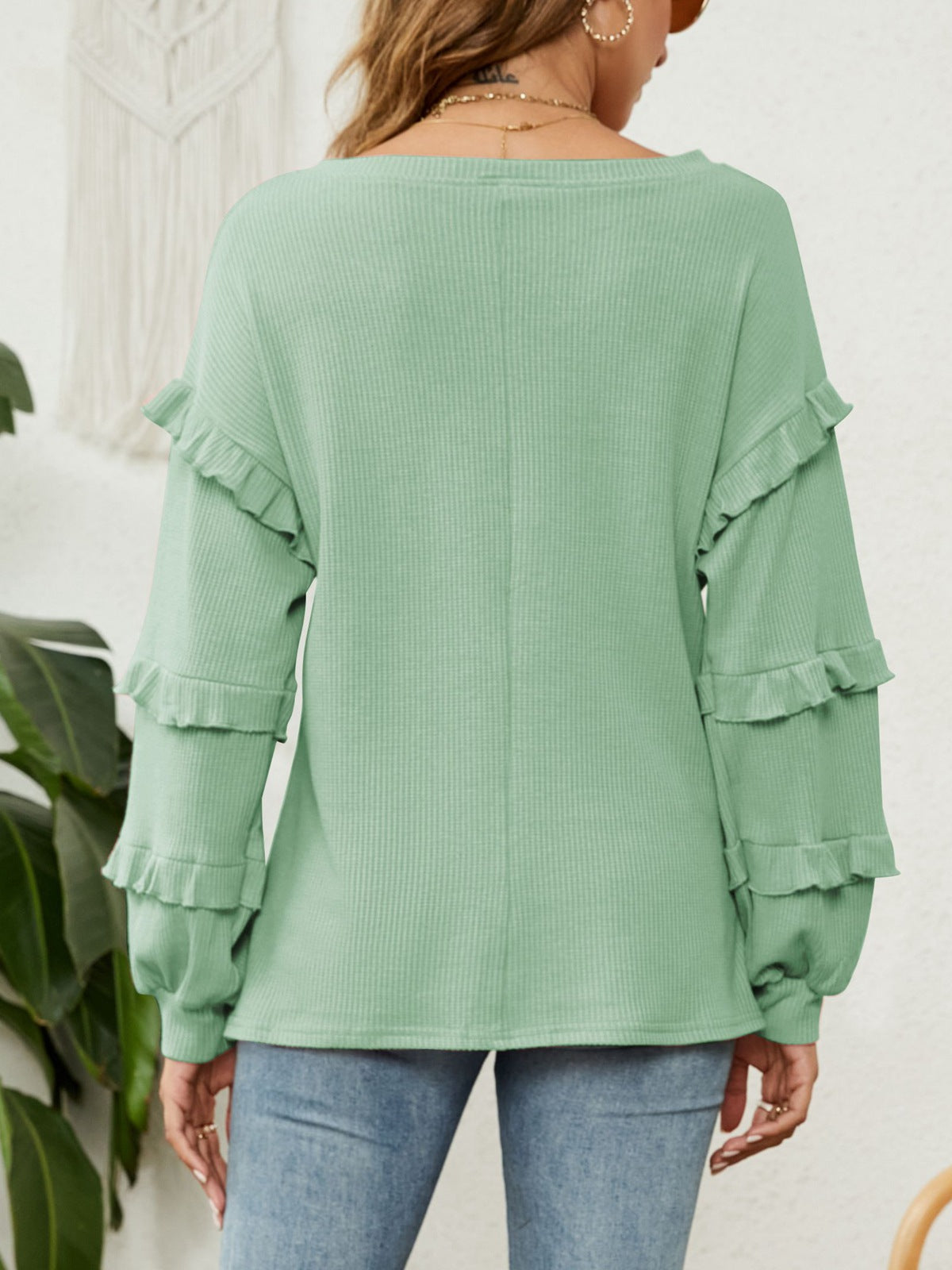 Waffle-Knit Ruffled V-Neck Top