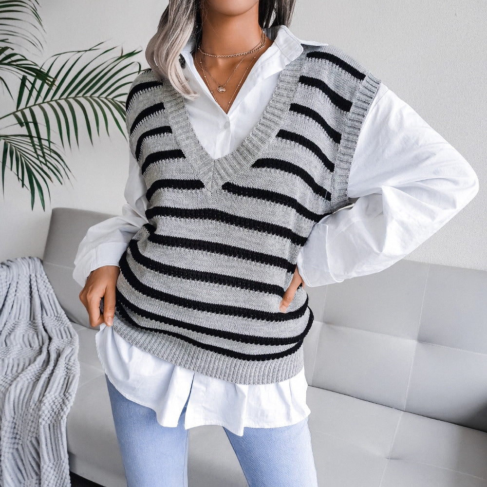 Striped Ribbed Trim Sweater Vest